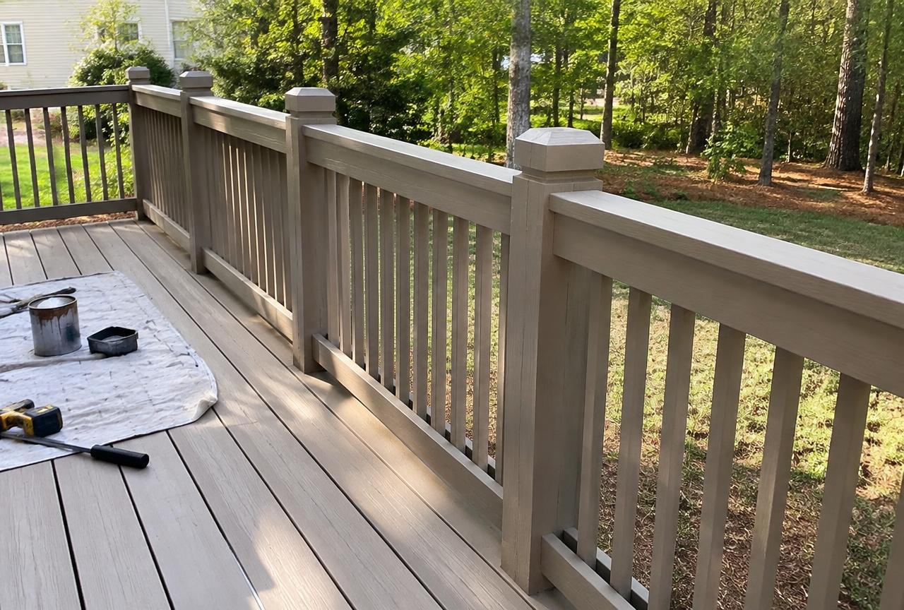 Repaired and refinished backyard deck railing at a North Carolina home